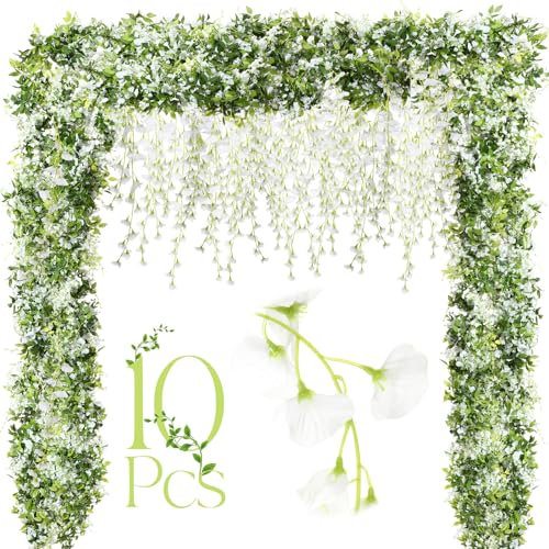 Crowye 10 Pcs 7.2ft/pcs Artificial Flowers Wisteria Garland Artificial Wisteria Vine Hanging Flower Decorations Flower Vines for Outdoor Wedding Wall Arch Party Backdrop Floral Decor (White)