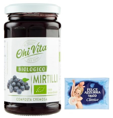 12er-Pack Ohi Vita Marmelade Mirtilli,Cremiges Blaubeerkompott,Fruchtkompott,250g Glas + 1er-Pack Kostenlos Felce Azzurra Talkumpuder, 100g-Beutel