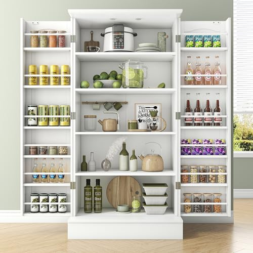 cointwo Kitchen Cupboard, 47” Pantry Cupboard with Adjustable Shelves & Doors, Storage Cabinet for Kitchen Organizers and Storage, Sideboard for Living Room and Dinning Room (White, 47 Inches)