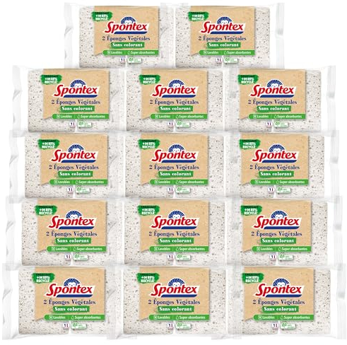 SPONTEX – 28 esponjas (14 Paquetes de 2) Vegetales sin Tinte – Embalaje con 85% de plastqiue Reciclado, Absorbe 20 x Peso seco, 100% Vegetal, sin colorantes y Made in France