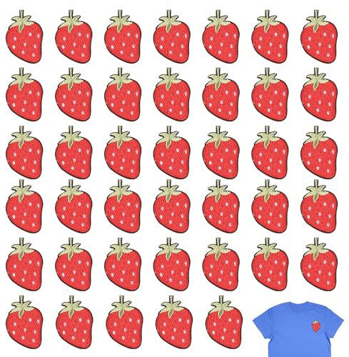 40 Stück Erdbeer-Stickerei-Aufnäher, Kinderkleidung zum Aufbügeln, Flicken zum Selbermachen, Kinder-Aufnäher, Aufbügelflicken, Jacken- und Jeans-Reparatur, Kleidungsflicken-Stoff