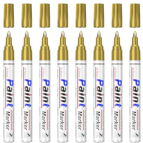 Permanent Marker Waterproof Pen, 8 Gold Strong Opaque Paint Markers, Quick Drying, Waterproof Permanent Marker for Painting Stones for Cardboard, Glass, Wood, Metal, Plastic, Paper, Paint Pen