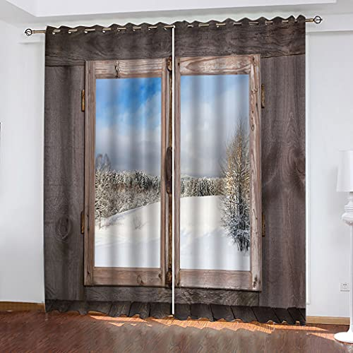 Verdunkelungsvorhang Kinderzimmer Vorhänge Blickdicht 160X200cm (HxB) 3D Digitaldruck Weiße Schneeszene Mit Holzfenster Ösenschal 2Er Set Vorhang Wohnzimmer Schlafzimmer Thermogardine