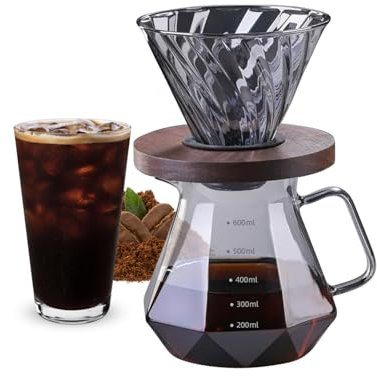 Inscrip Pour Over Kaffeebereiter, 400 ml/600 ml Borosilikat Glaskanne Set, mit Glasfilter, Walnusshenkel, Topper,HandgebrüHter Kaffeemaschinen Für Zuhause, Café, Restaurant und Camping (14oz/400ml)