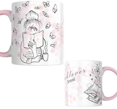 drunkLY Büchertasse mit Namen - mit Bücherliebhaber-Motiv - personalisierter Keramik Kaffee-Becher – Bücher-Tasse - Lese-Tasse - Geschenk-Idee - Personalisert - für Bücherwürmer - Booklover (rosa)