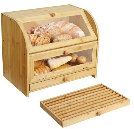 Ribelli Bambus Brotkasten mit 2 Etagen und Schublade, Großer Brotbehälter mit Brotschneidebrett, Holz Brotbox mit Deckel, Lebensmittelecht Brotaufbewahrung ca. 38 x 25 x 36 cm, 510200