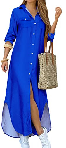 OMZIN Women's Button Down Long Sleeve Dresses Loose A Line Midi Split Dresses Royal Blue M