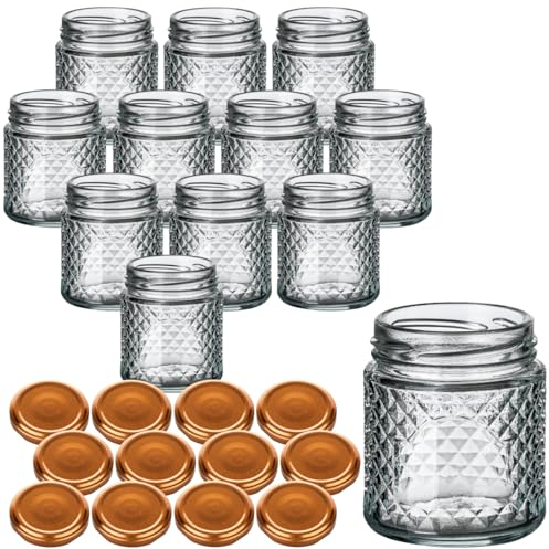 gouveo 12er Set Einmachgläser 150 ml Kristall rund mit Schraubdeckel bronzefarben - Leere Vorratsgläser zum Einkochen und Aufbewahren - Kleine Schmuckgläser mit Diamant-Muster (EGK150B)