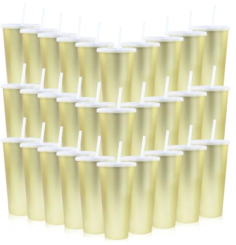 Ahongwenxi 30 Pack Gold Plastic Cups with Lids and Straws, 24 oz Disposable Plastic Tumblers Iced Coffee Cups Travel Mug Cup for Juices Birthday Bachelorette Party Wedding (Gold,24 oz)