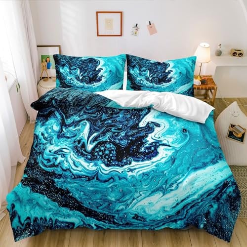 Luowei Marmor Muster Bettwäsche 135x200 cm Cyan Weiß Bettwäsche Set Microfaser Luxus Modern Bettbezug und Kissenbezüge 80×80cm mit Reißverschluss