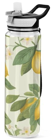 Mnsruu Transparente Wasserflasche mit Strohhalm, Zitrone, Boho, Aquarell, Retro-Tritan, BPA-frei, Trinkflasche, 1000 ml, Sport-Trinkflasche für Kinder, Jungen, Mädchen, Erwachsene, Schule, Reisen
