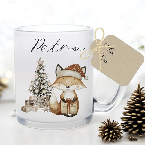 Manufaktur Liebevoll I Tasse Weihnachten Glastasse Glühweintasse mit Namen Weihnachtstasse personalisiert Tasse Nikolaus Weihnachtsgeschenke Kinder Glühwein Frauen Männer Mädchen Jungen Fuchs (Petro)
