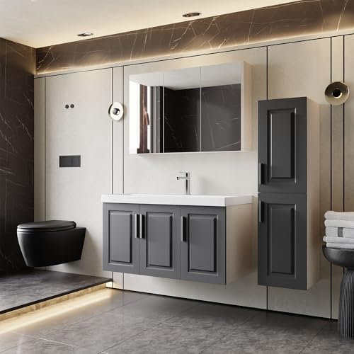 Karen Badmöbel Set Arin 100 Anthrazit | Keramikwaschbecken | Unterschrank | Spiegelschrank | Softclose-Türen & Chromgriffe | Landhausstil | Badezimmer Möbelset Waschbeckenunterschrank Waschtisch