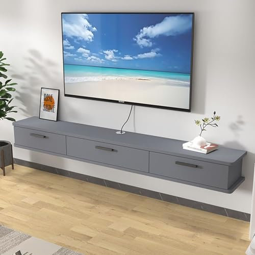 Meuble TV flottant avec tiroir, meuble TV mural en bois moderne pour salon, meuble TV en beige, gris et gris, centre de divertissement élégant