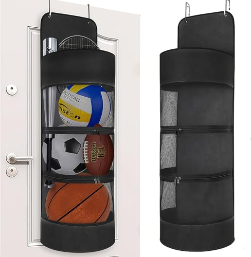 JUMRHFAN Over Door Sports Equipment Organizer with 2 Hooks | 600d Oxford, Clear Mesh, Dual Zip, 2 Hooks, Over-Door Storage
