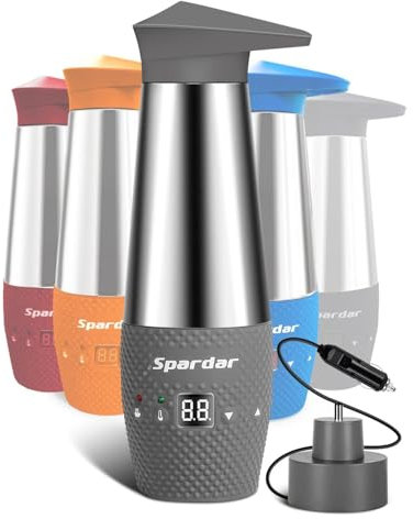 Spardar Car Kettle 12 V, Car Kettle with Temperature Control, Car Kettle with Digital Screen, 348 ml Kettle, Car Cigarette Lighter for Car, Camping, Hot Water (Gray)