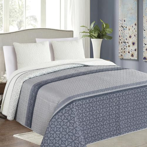 Euromat Tagesdecke Steppdecke Bettüberwurf Gesteppte Tagesdecke mit 2 Kissenbezüge 40x40 cm- (Grau Dunkelgrau- SY-7135, 220x240 cm)