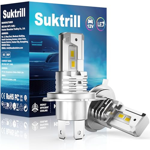 Suktrill Bombillas h4 led 20000lm 12V 6000k Blanco,Coche y Moto, Muy Compacto sin Ventilador,halógeno 1:1, Juego de 2,Luces largas y Cortas,anti error.