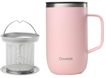 QWETCH - Mug Isotherme Inox Recyclé avec Anse & Filtre Infuseur Pastel Rose - Tisanière Isotherme 470ml - Thermos Café & Thé - 6h Chaud & 12h Froid - Bouchon Coulissant Anti-Éclaboussures