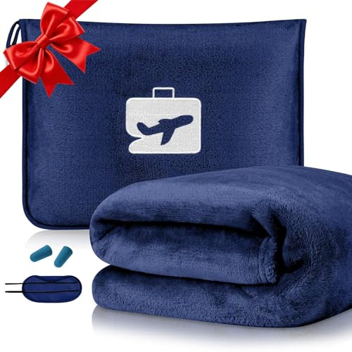flintronic Reisedecke Kissen 2 in 1, 155 x 130 cm Weiche Flugzeugdecke, Flugzeugdecke mit Kopfkissenbezug und Ohrstöpsel, Ultraleichte Reisedecke für Urlaub, Büro, Zuhause,Geschäftsreisen (Marineblau)