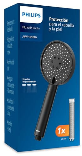 Filtro de agua para ducha Philips, Protege tu piel y tu cabello, Elimina eficazmente el cloro y otras partículas grandes, Tres modos de rociado, Capacidad de filtrado de 1 mes, Negro