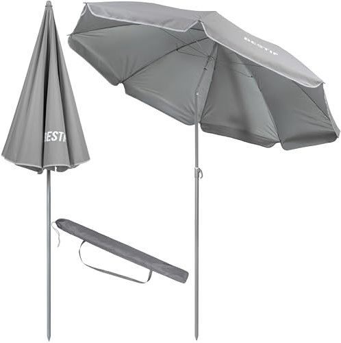 BESTIF Strandschirm Sonnenschirm Strand Sonnenschutz mit Erdspieß 160 cm 180 cm Kippbare Aluminiumstange (Grau, 200 cm)