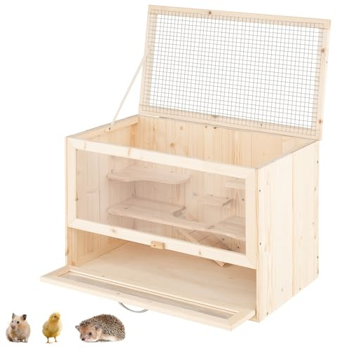 GYMAX Wooden Hamster Cage, Fir Wood Mouse Habitat Cage, 60 x 35 x 42cm | with Mesh Flip Roof, Multi-Ladder Areas, Acrylic Panel, Lockable Door, Exercise Play House for Small Animals