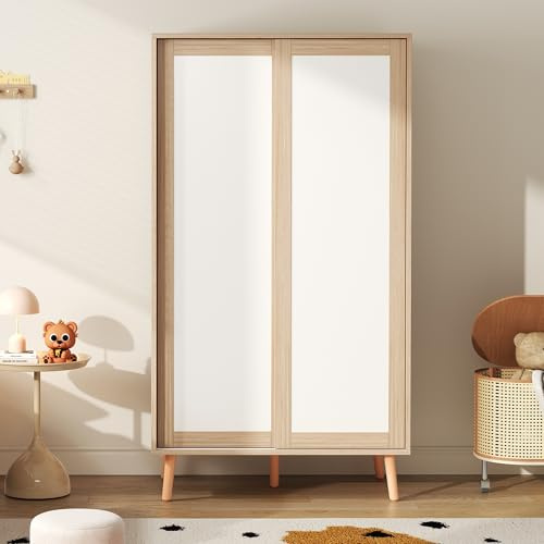 Mielvu Armadio per bambini con ante scorrevoli con asta, materiale truciolare, piedini in legno massiccio, bianco e legno naturale, 80 x 46 x 141,5 cm