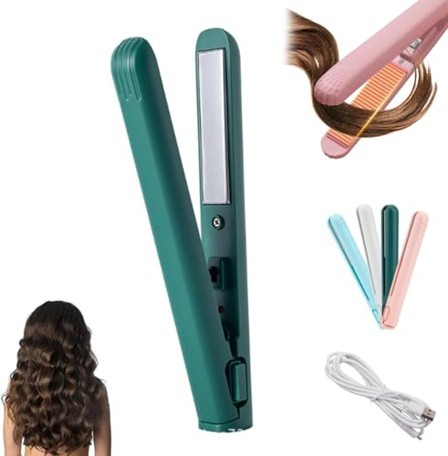 Tragbarer USB Lockenstab, Mini Lockenstab, Mit Heißschutzgehäuse, Tragbarer Reise Haarglätter Für Alle Haartypen,Haarglätter Für Kurze Haare (Blau) (Grün)