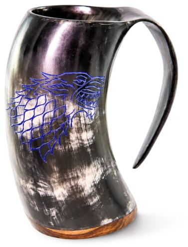 Classic Collection UK7 Ltd Chope originale en corne 100 % naturelle fabriquée à la main - Style Viking avec poignée - Tasse en corne d'animal polie pour bière, hydromel et décoration (loup sanguin