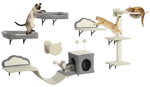 PawHut Étagères murales pour chat, 6 pièces, ensemble de meubles muraux, hamac à bulles en acrylique, niche, hamac, échelle et griffoir en sisal, arbre à chat mural stable pour chats d'intérieur beige