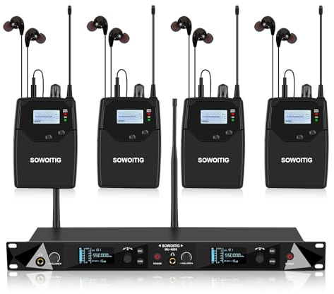 Wireless In Ear Monitor System, 2 Channel UHF Pro Mono IEM System for Singer Musicians, 2x40 Frequencies, 91m Range, Rack Mount Transmitter and Bodypacks Receiver for Band, Studio - 4 Bodypacks