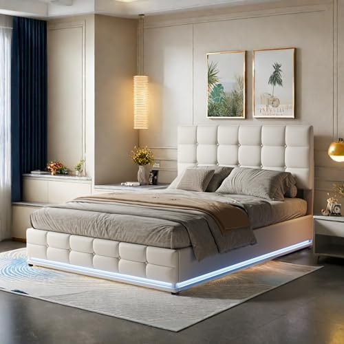 Zorvani Polsterbett Doppelbett 140x200, LED Jugendbett Hydraulisches Stauraumbett Funktionsbett Bettgestell mit Stauraum & Lattenrost, Höhenverstellbares Kopfteil Betten, PU, Ohne Matratze, Weiß