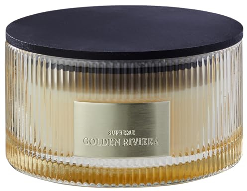 BUTLERS Duftkerze Glas - SUPREME - Brenndauer 60h | Duftrichtung Weiße Blüten & Ozean - ø15 x H8 cm - Aromakerze für Raumbeduftung - Wellnesskerze mit Holzdeckel