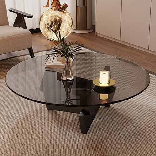 LIGUIEN Couchtisch Rund Glas, Wohnzimmertisch, Zentraler Wohnzimmer-Couchtisch, Tischbeine Aus Massivholz, Minimalistisches Design für Wohnzimmer Oder Büro(Black,W80xH31cm/31x13in)