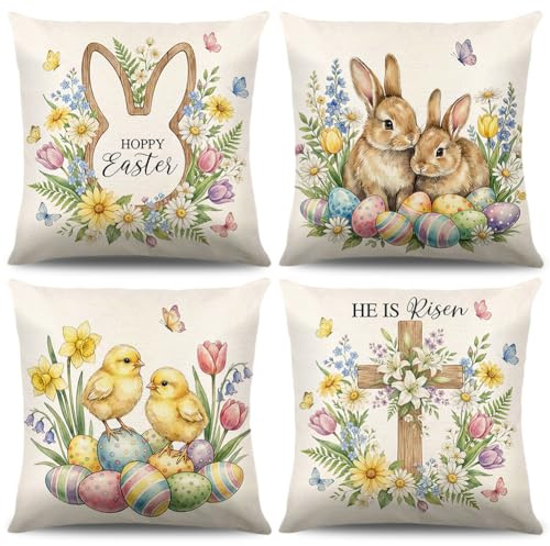 4 Stück Kissenbezug Ostern,40x40cm Osterdeko Leinen Kissenhülle,Osterdeko,Frühling Urlaub Kissenbezug Dekoration,Osterhase Kissenhülle,Hase Kissenbezüge Häschen Ostereiern,Für Zierkissenhülle Sofa (D)