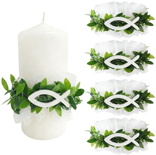 4 Stück Tropfschutz Kommunionkerze, Tropfenfänger Kommunionkerze Mit Weiß Holzfische und Organza, 5Cm Durchmesser Einstellbar Kerze Kommunion Dekoration,Tropfschutz Kerze Für Taufkerzen Hochzeiten