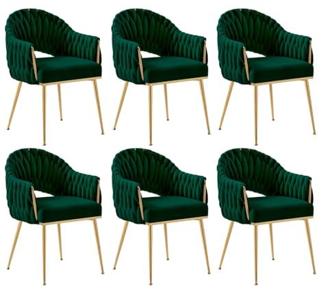 SUPPNEED Samt Esszimmerstühle 6er Set, Sessel Wohnzimmer, Stühle Esszimmer mit Armlehne, Küchenstühle mit handgeflochtenen Hochlehner, Schminktisch Stuhl mit Gold Beine, Balkonstuhl(6,Smaragdgrün)