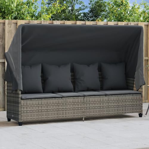 WGYHOME Tumbona con techo y cojín gris – ratán sintético ajustable (respaldo de 3 niveles/2 niveles de pie), resistente a los rayos UV, 204 x 75 x 140 cm, para jardín, terraza, piscina