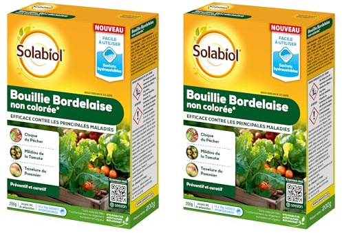 SOLABIOL Bouillie Bordelaise - Sachets Hydrosolubles - 2x200g | 100L de Solution - Fongicide Polyvalent - Préventif - Mildiou, Tavelure, Cloque du Pêcher - Non Colorée - SOBOU200SX2