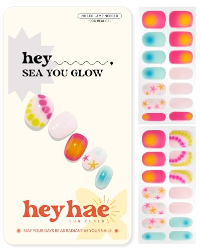 Heyhae Semi Cured Gel Nail Strips | No LED Lamp Needed | Neon, Ombre | Easy Apply & Remove, Salon Quality | Includes 28 Strips, 2 Prep Pads, Nail File & Wooden Stick - Hey, Sea You Glow