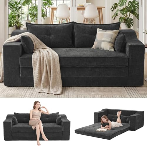 APICIZON Schlafsofa, 2-in-1 Boneless Couch, Bodensofa mit Kissen, 3 Sitzer Sofa Bed mit Schlaffunktion, Klappbare Matratze für Wohnzimmer, Schlafzimmer, Gästezimmer (Chenille-Dunkelgrau, 177 cm Breit)