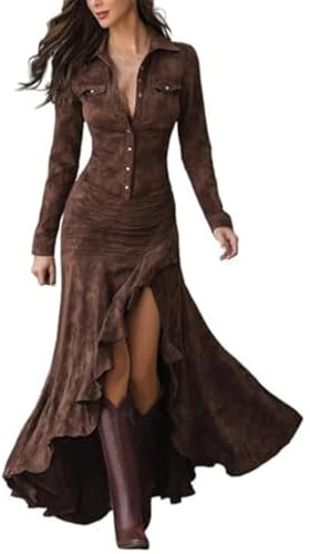 Vestidos occidentales para mujer, vaquero, boda, Vokuhila, manga larga, cuello en V, vestido camisero, con volantes, plisado, con botones, monocolor, vestido plisado, cintura alta, vestido vaquero