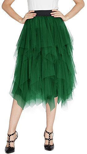 Urban GoCo, Petticoat-Rock, für Damen, kurz und Midi in Einem, aus Tüll, elastischer Bund mit asymmetrischem Tutu-Rock, für Party oder Tanzen, BG-ZX006-V-XL, Grün, BG-ZX006-V-XL X-Large