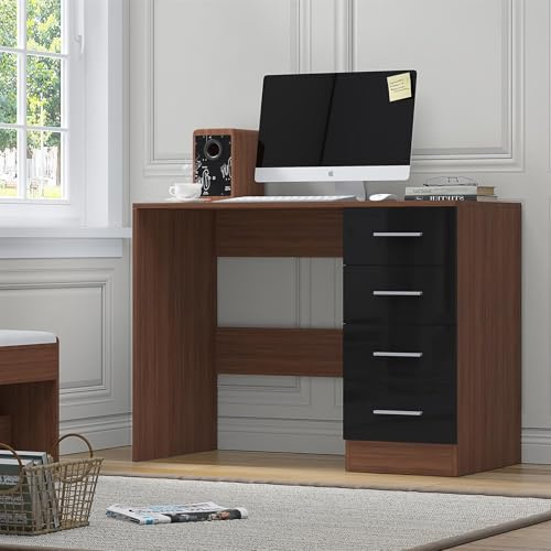 Reflect 4 Drawer Desk/Dressing Table | Black Gloss & Walnut | Modern Bedroom Storage for Vanity, Work or Study | H: 72cm x W: 99cm x D: 39.5cm