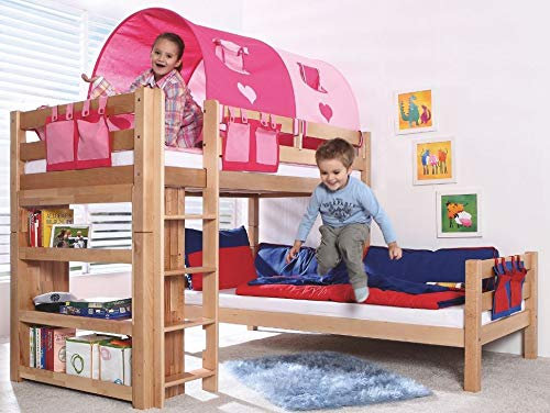 Froschkönig24 Etagenbett Beni L Kinderbett Spielbett Hochbett Bett Natur Stoffset Pink/Herz, Matratzen Oben/unten:mit 2X Matratze
