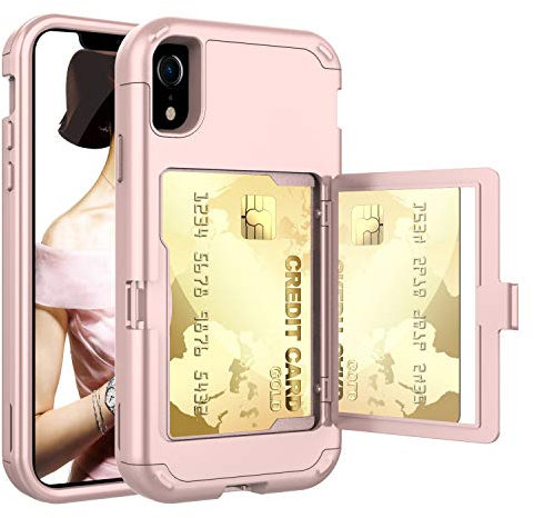ACXLIFE XR Case,XR Wallet Credit Card Holder Case,Shockproof Heavy-Duty Protective Hybrid Cover with Card Slot Holder and Mirror&Kickstand Case for iPhone xr 6.1 Inch (Rosegold)