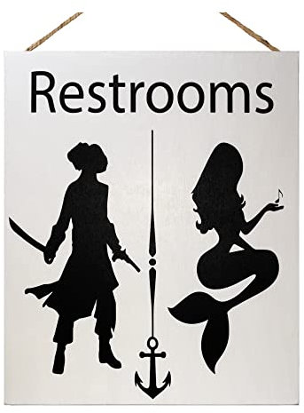 JennyGems Panneau amusant en bois avec motif sirène et pirate, décoration murale amusante pour toilettes, salle de bain, 25,4 x 30,5 cm, fabriqué aux États-Unis