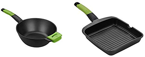 BRA PRIOR - Wok con mango, aluminio fundido con antiadherente + PRIOR - Grill asador con rayas, aluminio fundido con antiadherente Teflon Classic, 28 cm