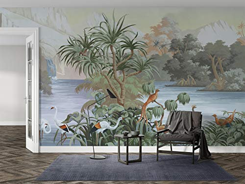 SILK ROAD EU Papier Peint Panoramique Soie, 500 × 280cm, Volée d'oiseaux dans le Lac, Largeur max 8m, pour Salon Chambre restaurant Chambre d’enfants Décoration Murale